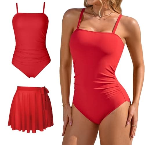 Charmo Womens One Piece Swimsuit with Mesh Swim Skirt Tummy Control Slimming Bathing Suit Modest Swimwear Red - Image 1