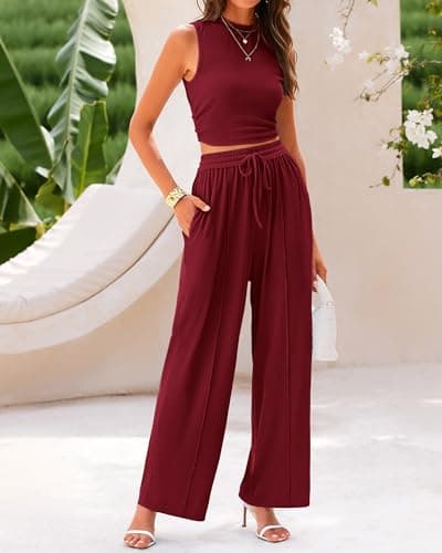 BTFBM Summer Outfits For Women 2026 Cropped Sleeveless Tank Tops Wide Leg Pants 2 Piece Sets Beach Lounge Set Clothing(Wine Red, Medium) - Thumbnail 4