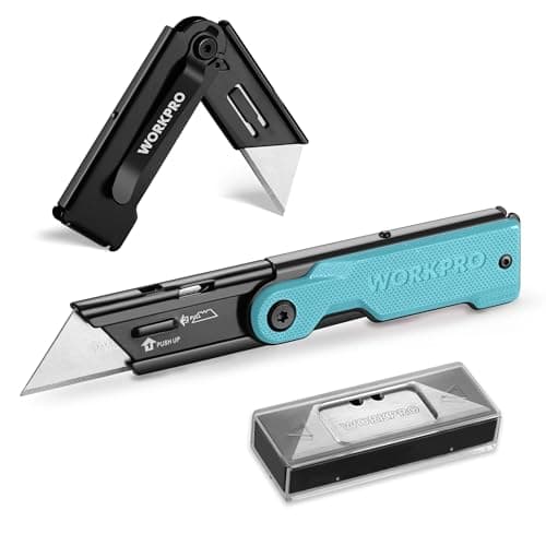 WORKPRO Folding Utility Knife with 10 Extra SK5 Blades, EDC Razor Sharp Knife with G10 Handle, Quick Change Box Cutter with Belt Clip, for Heavy Duty, DIY, Home, Office & Artcraft Use - Blue - Image 1