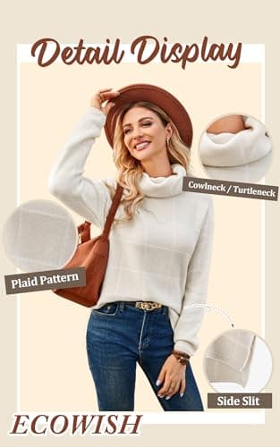 ECOWISH Women Fall Pullover Sweater Turtleneck Plaid Long Sleeve Loose Casual Chunky Checked Knit Winter Sweaters Jumper Tops 014gray S - Thumbnail 5