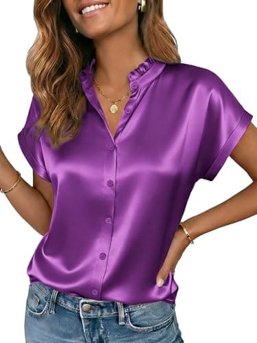 Funlingo Womens Silk Satin Blouses Summer Short Sleeve Button Down Shirts Dressy Casual Ruffle Collar Work Tops Fashion Clothing Purple S - Image 1