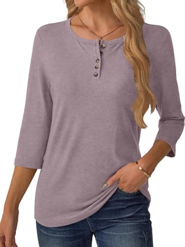 GKBK 3/4 Sleeve Womens Tops Fall Clothes Henley Casual Spring Summer Lightweight Basic Tunic Shirts Gray Purple - Thumbnail 6