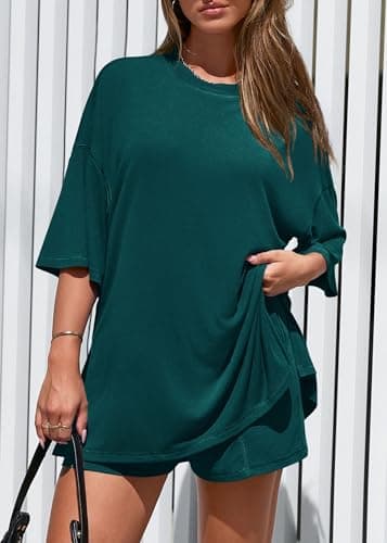 KIRUNDO 2 Piece Sets for Women Summer Lounge Sets Casual Oversized Tshirts Shorts Matching Airport Travel Outfits Postpartum(Peacock Green, Medium) - Thumbnail 3