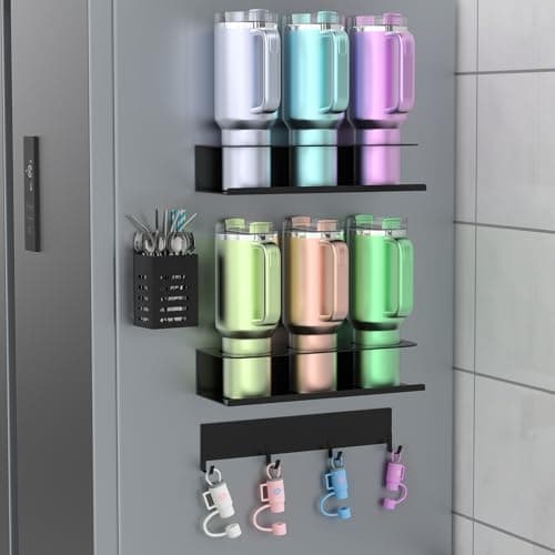 POLRAI Magnetic Cup Holder for Refrigerator, Water Bottle Organizer for Stanley and Tumbler, Accessory with Lid Hook Straw Holder and Double Sided Tape for Kitchen Fridge Cabinet - Image 1