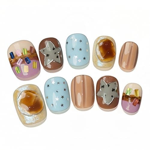 Fine Point Handmade Press On Nails, 10pcs Short Squoval, Blue Macaron Pastel Mix Print with Star Confetti & Jelly Gem Accent, Reusable Glue On False Nails (Size Large) - Image 1