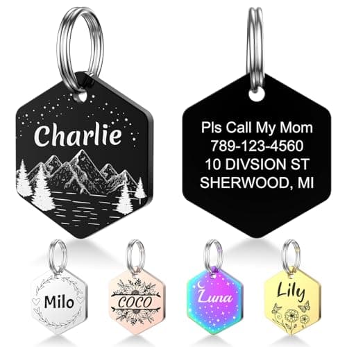 YEHANTI Dog Tags Personalized for Pets with Name Pattern Art Design - Engraved with Laser - Stainless Steel Cats Dogs ID Tags - Stylish Dog Collar Accessories (Hexagon) - Image 1
