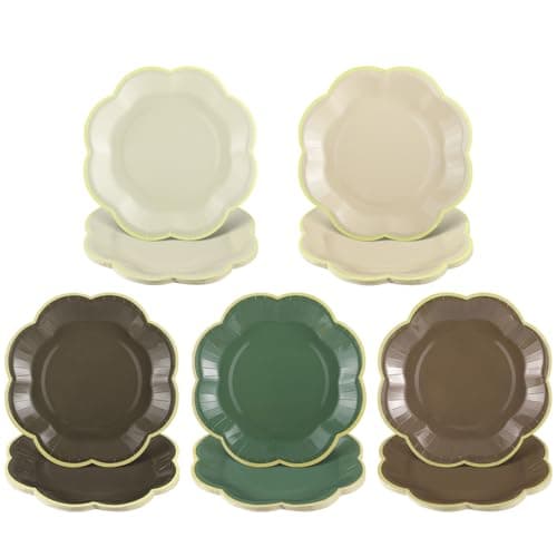 NatNarr 60 Pcs Woodland Baby Shower Party Plates, 7 Inch Scalloped Brown and Sage Green Paper Plates Forest Theme Cake Dessert Plate for Safari Baby Shower Decorations, Birthday - Image 1