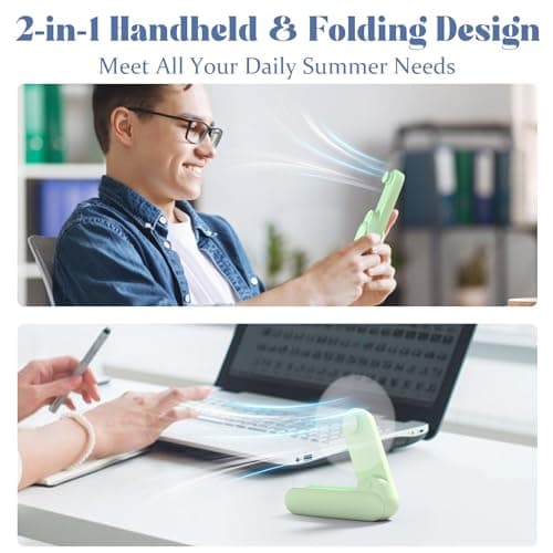 Portable Handheld Fan, 2 IN 1 Mini Hand Fan, Battery Operated [8-15 Working Hours], USB Rechargeable Personal Foldable Fan for Indoor, Small Pocket Fans Travel Essentials for Outdoor (Green) - Thumbnail 2
