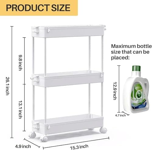 SPACEKEEPER Slim Rolling Storage Cart, 3 Tier Bathroom Storage Organizer Laundry Room Utility Cart Mobile Shelving Unit, Multi-Purpose for Kitchen Office Bathroom Laundry Narrow Places, White - Thumbnail 2