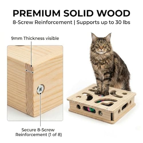 EIODEAR Cat Nail File Scratcher with 3 Sandpaper Pads, 4 Bell Balls, 8 Screw, Solid Wood Cat Scratch Puzzle Enrichment Box Nail Filer Box Toy to File Nails, Cat Treat Box for Treat-Motivated Cats - Thumbnail 6