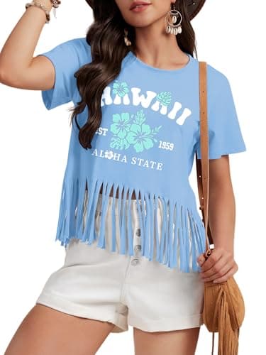 Floral T Shirt Women Boho Flowers Graphic Tees Shirts Cute Fringe Tshirt Summer Casual Short Sleeve Hawaii Tops - Image 1