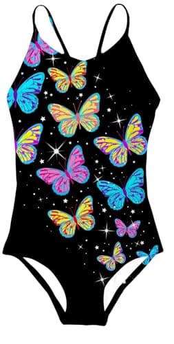 Idgreatim Girls Swimsuit Size 5 6 Black Quick Dry Bathing Suit Colorful Butterflies Swimwear 5-6 Years - Image 1