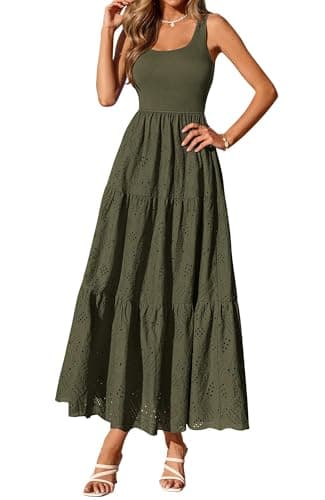 BTFBM Women Summer Eyelet Midi Dresses Casual Spring 2026 Sleeveless A Line Flowy Vacation Beach Wedding Guest Sun Dress(Army Green, XX-Large) - Image 1