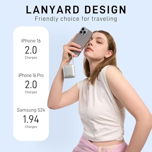 VINKO Small Portable Charger, 22.5W Fast Charging Mini Power Bank 10000mAh with Built-in Cables, Travel Essential USB-C Battery Pack Compatible with iPhone 17/16/15, Samsung S25/24, Android (White) - Thumbnail 6