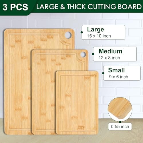 Bamboo Cutting Board Set of 3 - Durable Bamboo Cutting Boards with Deep Juice Grooves & Built-in Handles & Hanging Holes, Reversible Wooden Cutting Boards for Kitchen, Meat, Vegetables - Thumbnail 2