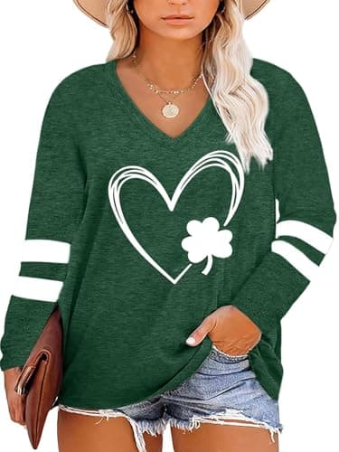 Plus Size St Patricks Day Shirt Women Funny Irish Festival Holiday Long Sleeve Tops Lucky Green Tee T-Shirt - Image 1