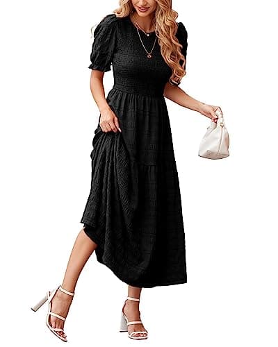 dowerme Womens Summer Dresses 2025 Casual Puff Short Sleeve Crewneck Smocked Flowy Ruffle Boho Beach Party Maxi Sundress(Black,Large) - Image 1