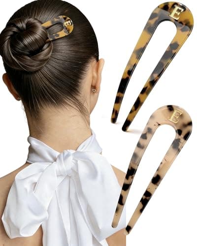 2 PCS Personalized Initial French Hair Pin for Women 5.1 Inch, Monogram Tortoise Shell Acetate U Shaped Hair Fork 2 Prong Chignon Pin Hair Accessories Birthday Gifts - Image 1