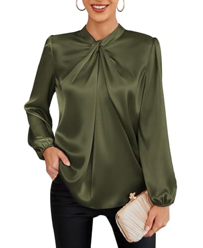 GRACE KARIN Womens Satin Blouses for Women Long Sleeve Shirts Mock Neck Blouses Spring Casual Tops Olive Green S - Image 1