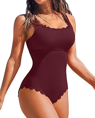 Charmo Scallop Ribbed One Piece Bathing Suit Women Square Neck Retro Modest 1 Piece Swimsuits Burgundy M - Image 1
