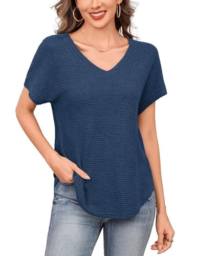 Totatuit Women's Casual V Neck Waffle Knit Tops Short Sleeve Summer Shirts Loose Fit Curved Hem Blouses Lightweight Soft Basic Tees Navy Blue - Image 1