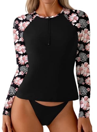 Dokotoo Women's Modest Swimwear Top Long Sleeve Rash Guard Front Zip Sun Shirt for Pool and Beach Black XX-Large - Image 1