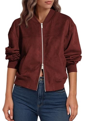 Lazysmile Women's Faux Suede Bomber Jackets Fall Fashion Outfits Winter Clothes Stand Collar Zip Up Coat Outwear with Pockets - Image 1