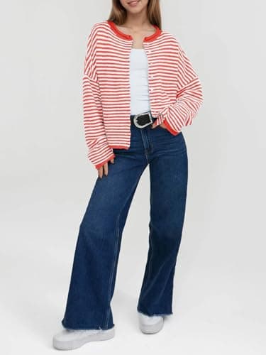 Saodimallsu Womens Striped Cardigan Casual Long Sleeve Open Front Button Down Loose Knit Lightweight Fall Sweaters Red - Thumbnail 4