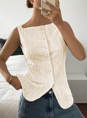 BLENCOT Women's Vest Top Sleeveless Slim Fitted Button Down Knit Vests Stretchy Textured Jacquard Tops for Going Out Fashion 2026 Beige 2X-Large - Thumbnail 3