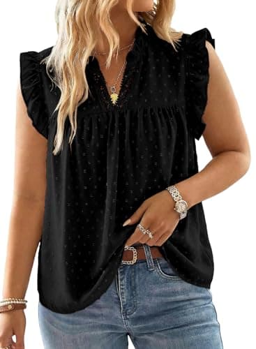 AlvaQ Plus Size Tops for Women Dressy Casual Summer Boho Flowy Swiss Dot V Neck Ruffle Sleeveless Blouses Shirts Black 3X-Large - Image 1