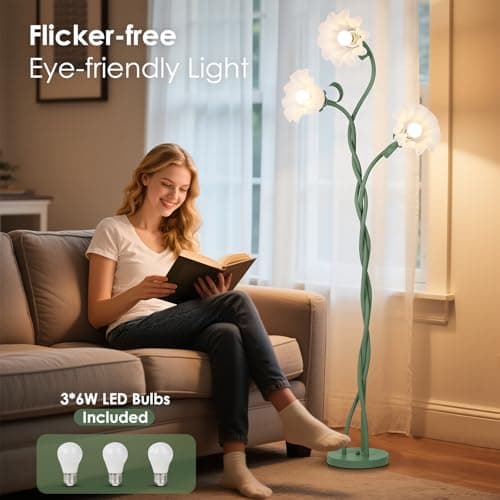 FUNNYBEHOM Floor Lamp for Living Room, 3 Lights Green Flower Lamp, Modern Tall Standing Lamp with 3 Color Temperatures Flexible Gooseneck, Mid Century Vintage Tree Floor Lamp for Bedroom Office - Thumbnail 3