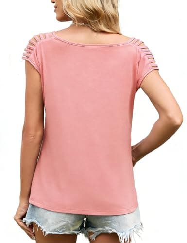 JUSTFASHIONNOW Womens Off The Shoulder Shirts Cap Sleeve Tops Cute Summer Blouses Trendy Casual Loose Fit T Shirt Going Out Tops (Pink,Medium) - Thumbnail 6