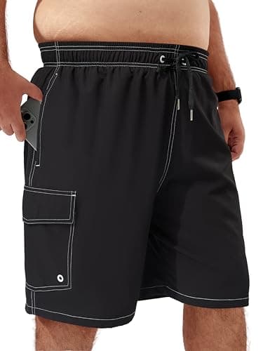 Arcweg Mens Big and Tall Swim Trunks 9" Quick Dry Swim Shorts with Compression Brief Liner Cargo Pocket Bathing Suits Borard Shorts for Men Pluse Size XL-6XL Black - Image 1