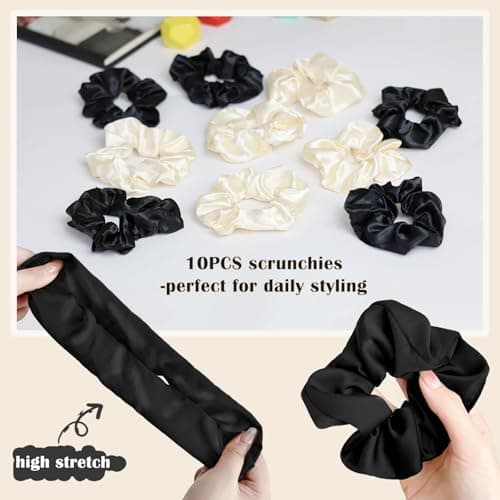 Long Hair Bonnet for Women, XL Silky Satin Sleeping Cap with Tie Band for Braids Curly Hair, Includes 10PCS Scrunchies Pink - Thumbnail 6