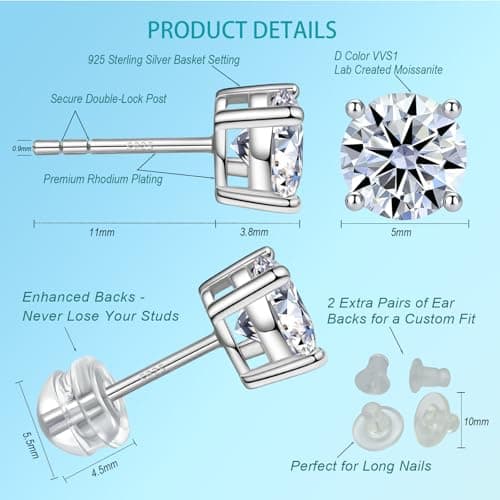 YzngCoi Moissanite Stud Earrings, D Color VVS1 Round Cut, 925 Sterling Silver Rhodium-Plated, Jewelry Gifts for Women Men (1CTW (0.5ct each-5mm)) - Thumbnail 5