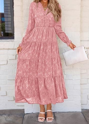 KIRUNDO Spring Wedding Guest Dresses for Women 2026 Maxi Floral Long Sleeve Elegant Ruffle Tiered Flowy Party Long Dress(Pink, Medium) - Thumbnail 4