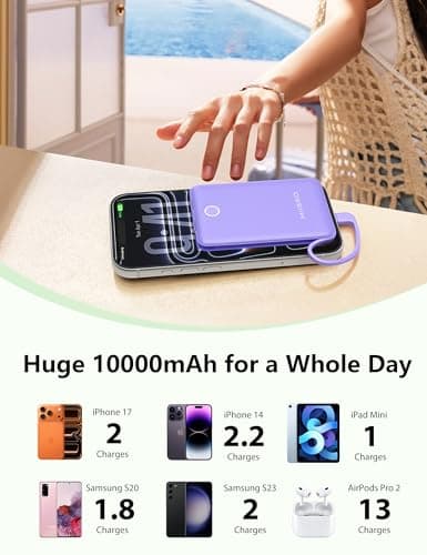 miisso 10000mAh Mini Portable Charger with Built in Cable, Pocket Size Power Bank Travel External Battery Pack for Phone, 3 Output USB Type C Cord Clutch Compatible with iPhone, Samsung, Purple - Thumbnail 3