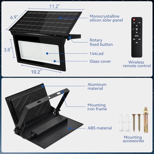 Aialun Solar Flood Lights Outdoor Motion Sensor 150W,8000mAh Battery,4600LM 120 Bright LEDs Security Lights with Remote Control,IP65 Waterproof Outside Flood Wall Light for Backyard,Garage - Thumbnail 5