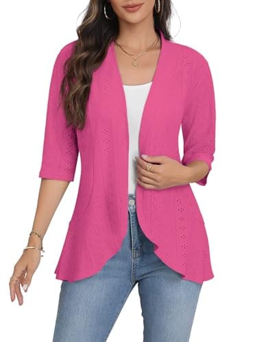 Askyes Women's Open Front Cardigan Plus Size 2026 Summer 3/4 Sleeve Draped Ruffles Eyelet Knit Beach Cardigan,Rose Red,2XL - Image 1
