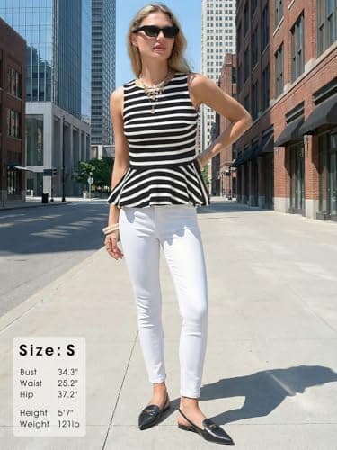 EXLURA Women Summer Tank Tops 97% Cotton Waffle Knit Peplum Top Sleeveless Crewneck Striped Ruffle Hem Business Casual Shirts Black White - Thumbnail 6