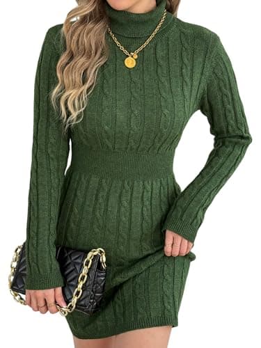 HEBELD Women’s Cable Knit Turtleneck Sweater Dress 2026 - Long Sleeve Knee Length Casual Fall Winter Dress with Elastic Waist, Green, X-Large - Image 1
