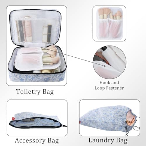 U+U 8 Set Compression Packing Cubes - Ultralight Travel Organizers with Laundry Bag and Cosmetic Bag, Space-Saving Suitcase Organizer for Travel, Business Trip and Family Vacation (Blue Flower) - Thumbnail 4