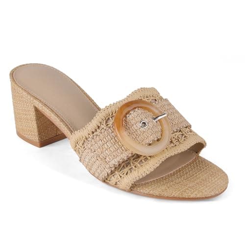 Grakihily Womens Raffia Mule Slides Sandals Open Toe Backless Buckle Heeled Sandals Chunky Block Heel Bohemia Beach Dressy Slip on Summer Shoes,Apricot Size 7.5 - Image 1