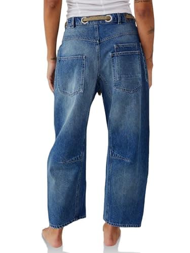 PLNOTME Womens Baggy Barrel Horseshoe Jeans Wide Leg Patchwork Low Rise Denim Pants with Pockets Blue - Thumbnail 4