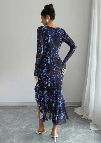 ECOWISH Women's Spring Wedding Guest Dress 2026 Long Sleeve Ruched Bodycon Floral Ruffle Cocktail Party Maxi Dresses Black Large - Thumbnail 4