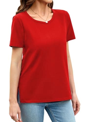 Herou Women Summer Casual Hort Sleeve Tops T-Shirts Tees with Side Split Bright Red X-Large - Image 1