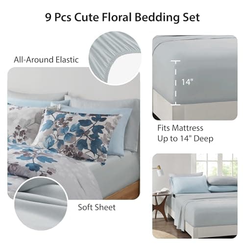 Regency Heights Full Comforter Set Blue Bed Set, 9 Pieces Cute Floral Bedding Set Ultra Soft Botanical Flowers Comforter, Sheets, Pillowcases & Shams - Thumbnail 4