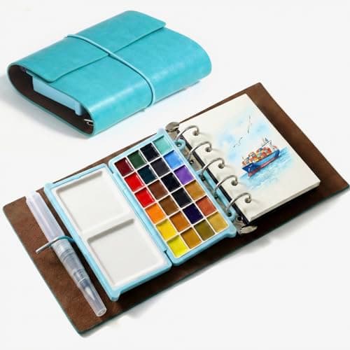 Mini Watercolor Paint Set, Portable Watercolor Sketchbook Set with 24 Colours, Brush & Drawing Paper, Travel Watercolor Kit for Beginners, Artists & Painting Lovers - Image 1