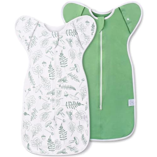 ANYEDDE 2-Pack Baby Transitional Swaddle Sleep Sack - Arms Up Swaddle 3-6 Months for Infants with Cuff Removable Design & 2-Way Zipper, Green Leaves Newborn Sack - Image 1