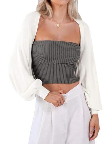 Totatuit Women's Cropped Cardigan Sweater Long Sleeve Open Front Knit Back Slit Bolero Shrug Y2k Streetwear White - Image 1